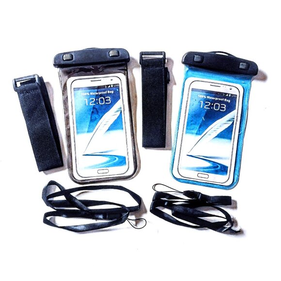 2 Pack Waterproof Universal Cell Phone Pouch (Lanyard & Arm Band) ~ Blue & Smoke - Picture 1 of 9